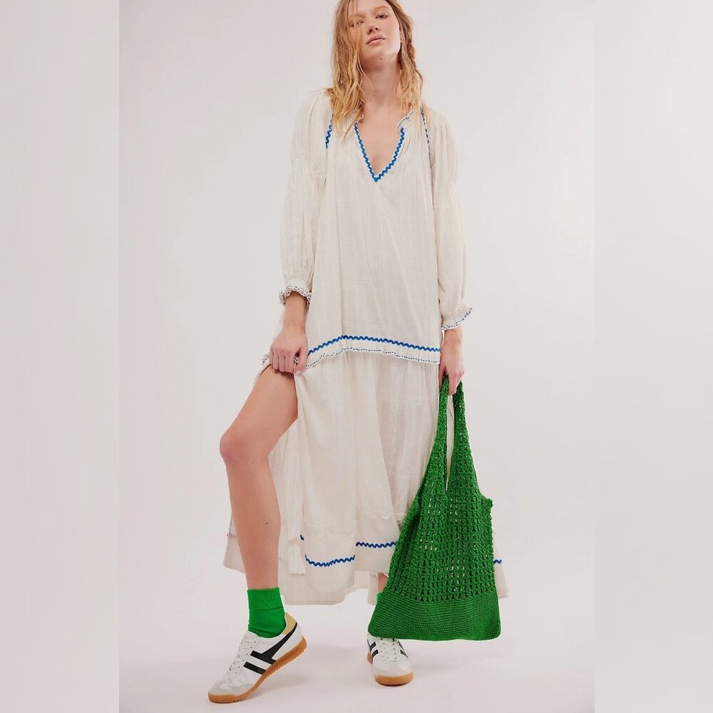 Free People Thank Me Later Midi Dress L 10 Billowy Ivory Cotton Maxi NEW 42600